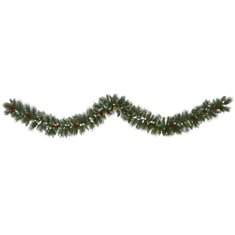 9ft. Frosted Swiss Pine Artificial Garland with 50 Clear LED Lights and Berries. Picture 2