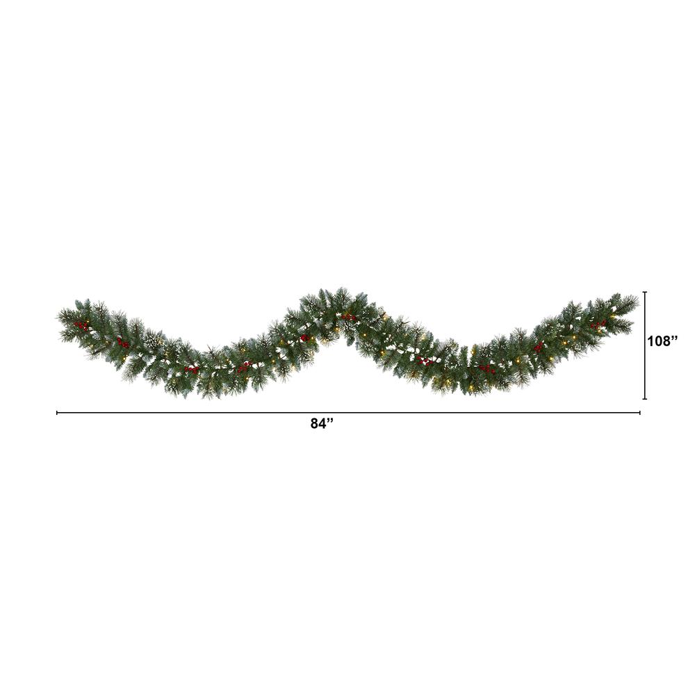 9ft. Frosted Swiss Pine Artificial Garland with 50 Clear LED Lights and Berries. Picture 1