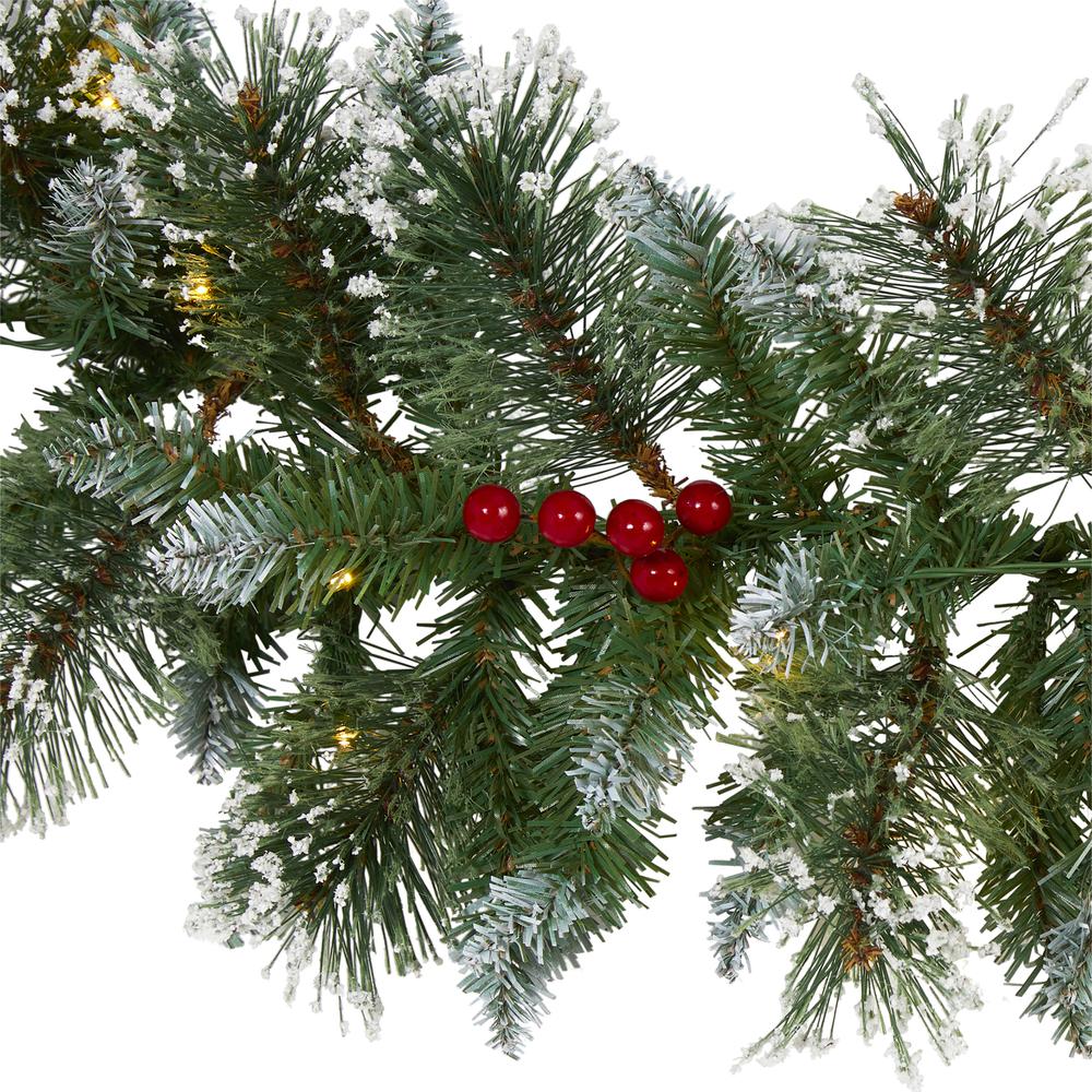 9ft. Frosted Swiss Pine Artificial Garland with 50 Clear LED Lights and Berries. Picture 3