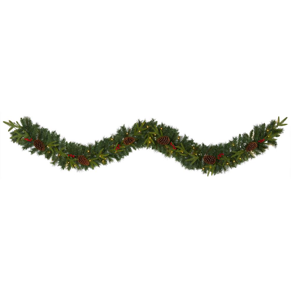 9ft. Mixed Pine Artificial Christmas Garland with 50 Clear LED Lights, Berries and Pinecones. Picture 1