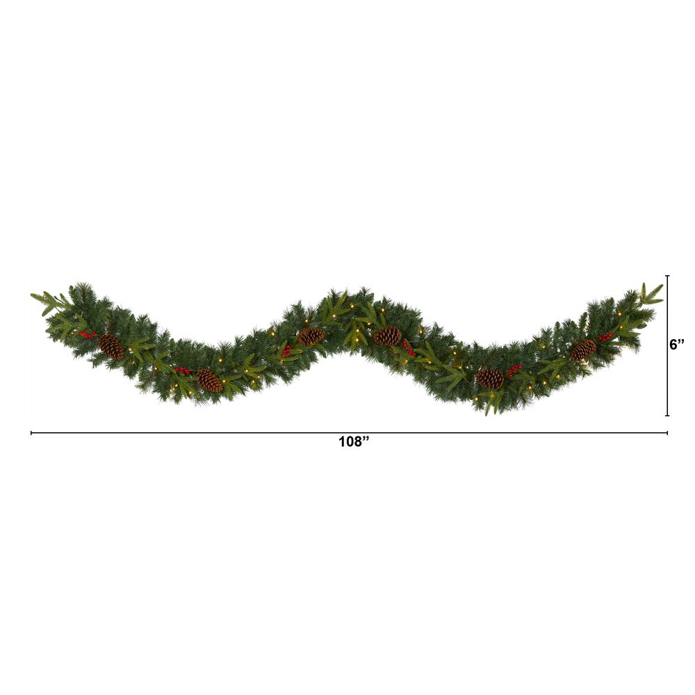 9ft. Mixed Pine Artificial Christmas Garland with 50 Clear LED Lights, Berries and Pinecones. Picture 2