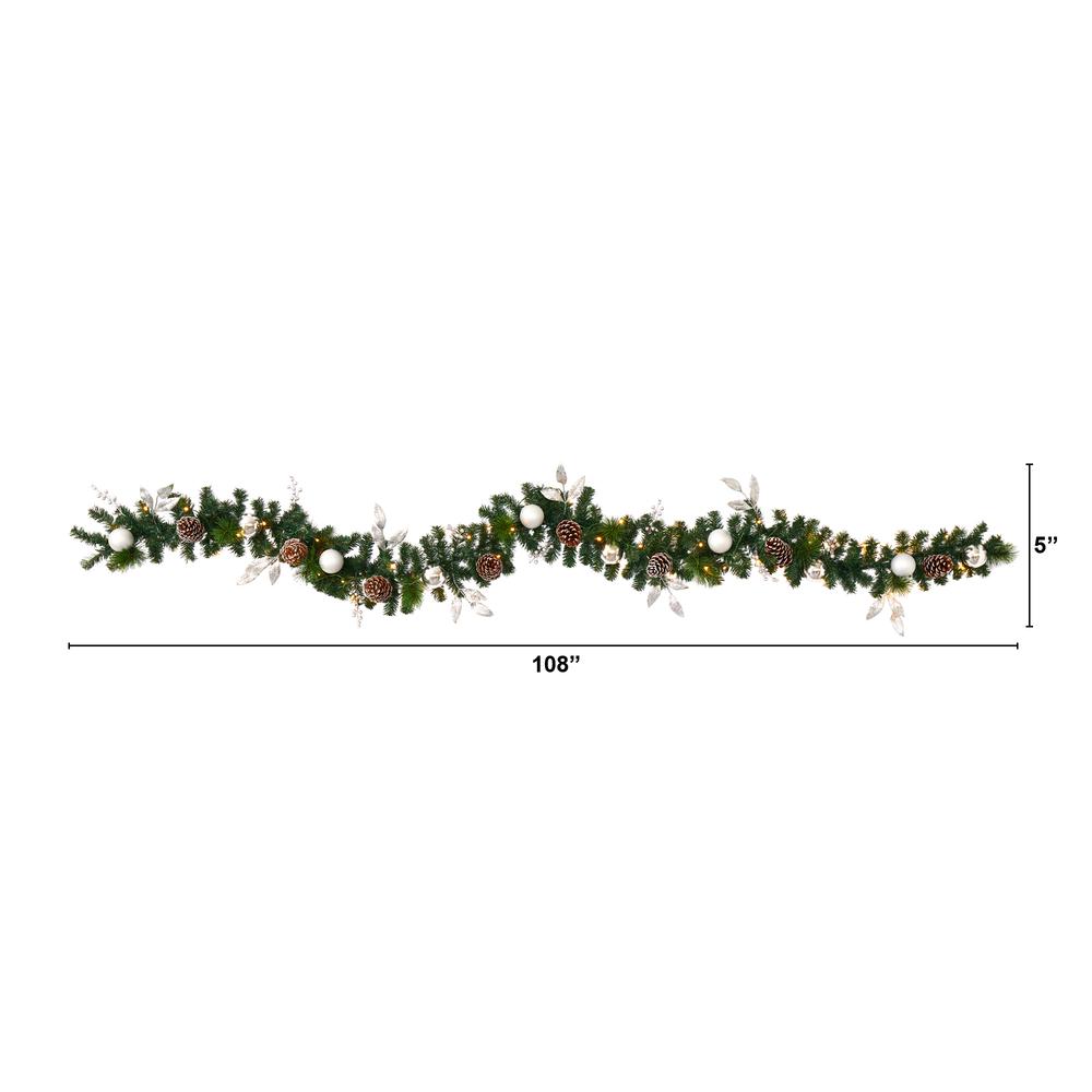 9ft. Ornament and Pinecone Artificial Christmas Garland with 50 Clear LED Lights. Picture 1