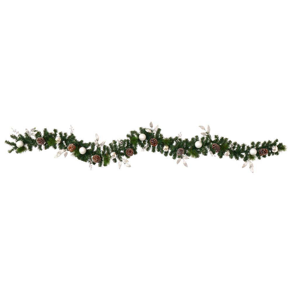 9ft. Ornament and Pinecone Artificial Christmas Garland with 50 Clear LED Lights. Picture 2