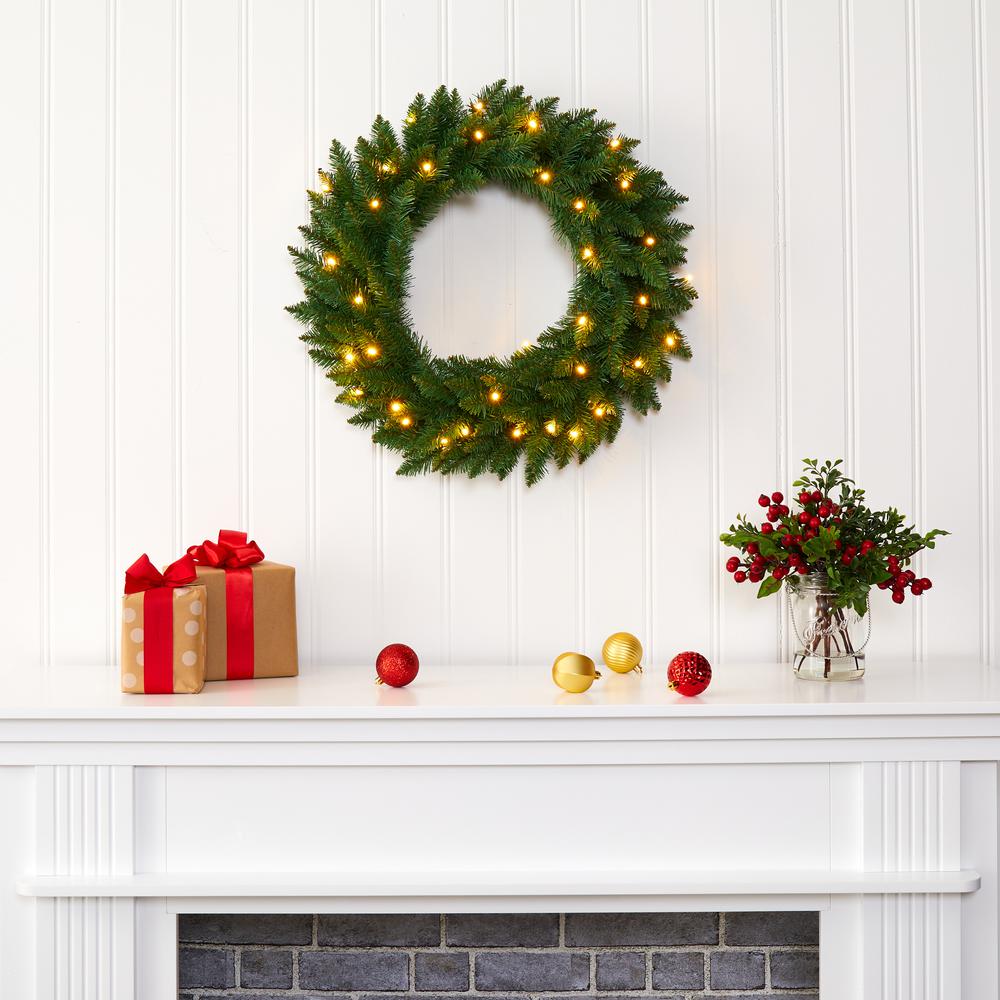 24in. Green Pine Artificial Christmas Wreath with 35 Clear LED Lights. Picture 4