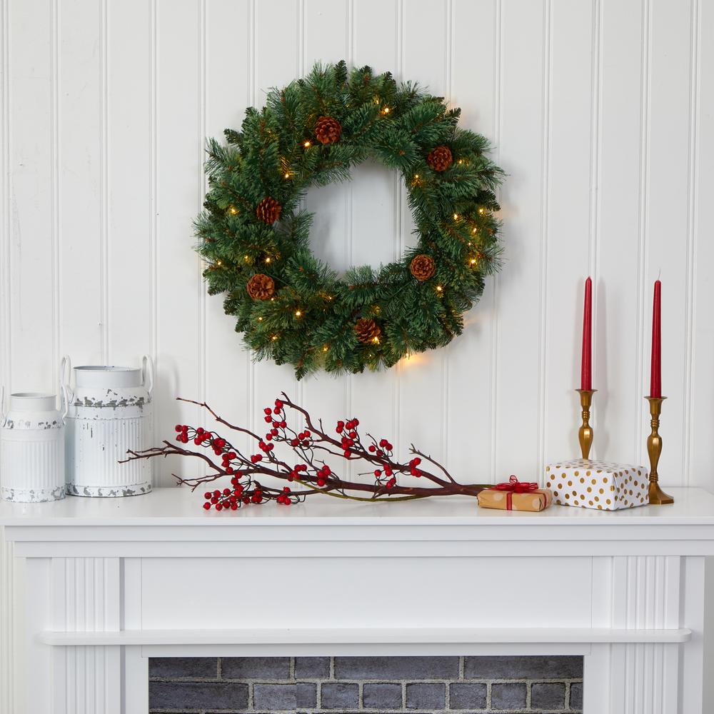 24in. White Mountain Pine Artificial Christmas Wreath with 35 LED Lights and Pinecones. Picture 4