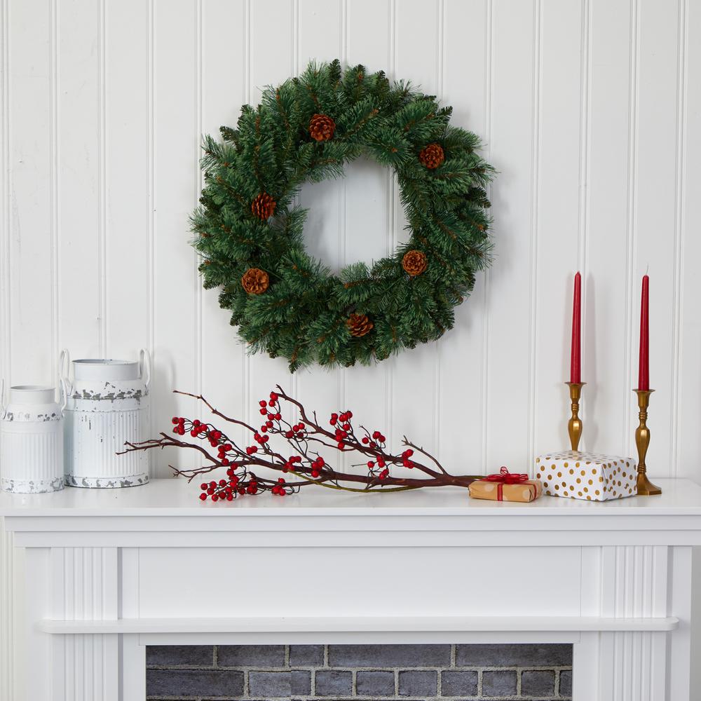 24in. White Mountain Pine Artificial Christmas Wreath with 35 LED Lights and Pinecones. Picture 3