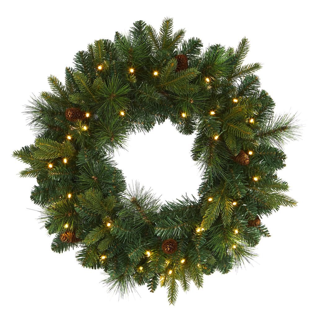 24in. Mixed Pine Artificial Christmas Wreath with 35 Clear LED Lights and Pinecones. Picture 5