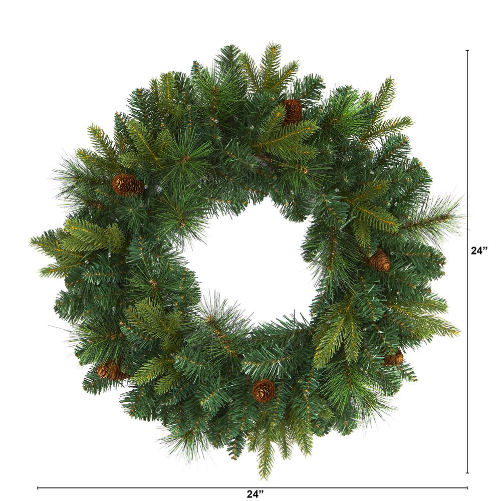 24in. Mixed Pine Artificial Christmas Wreath with 35 Clear LED Lights and Pinecones. Picture 1