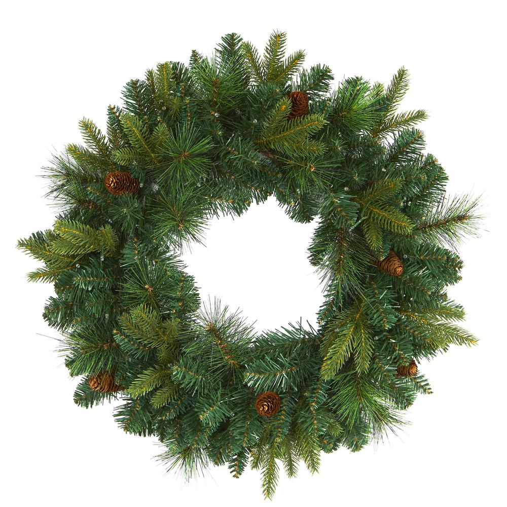 24in. Mixed Pine Artificial Christmas Wreath with 35 Clear LED Lights and Pinecones. Picture 2