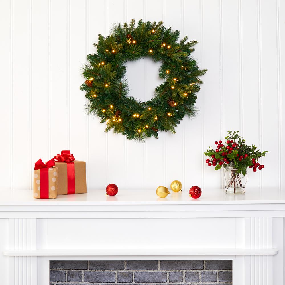 24in. Mixed Pine Artificial Christmas Wreath with 35 Clear LED Lights and Pinecones. Picture 4