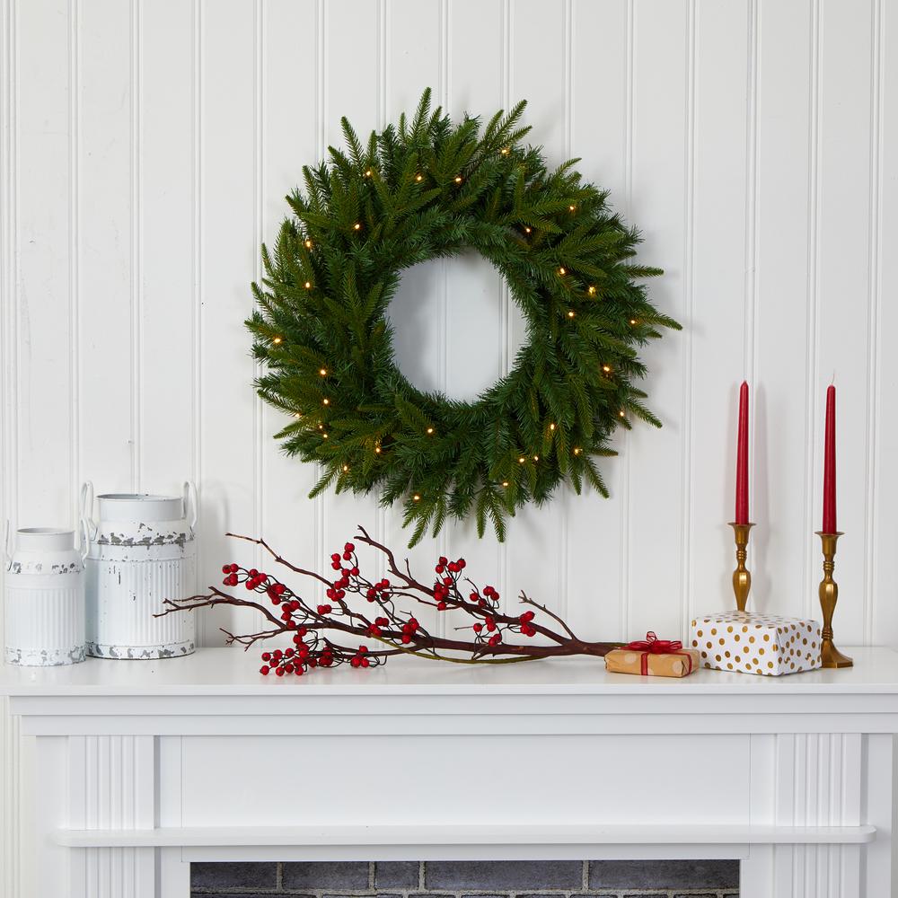 24in. Long Pine Artificial Christmas Wreath with 35 Clear LED Lights. Picture 5