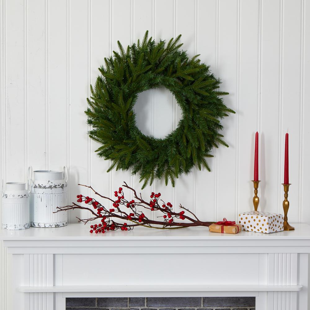 24in. Long Pine Artificial Christmas Wreath with 35 Clear LED Lights. Picture 4