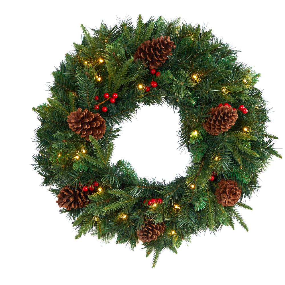 24in. Mixed Pine Artificial Christmas Wreath with 35 Clear LED Lights and Berries. Picture 1