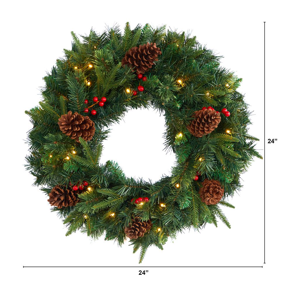 24in. Mixed Pine Artificial Christmas Wreath with 35 Clear LED Lights and Berries. Picture 2