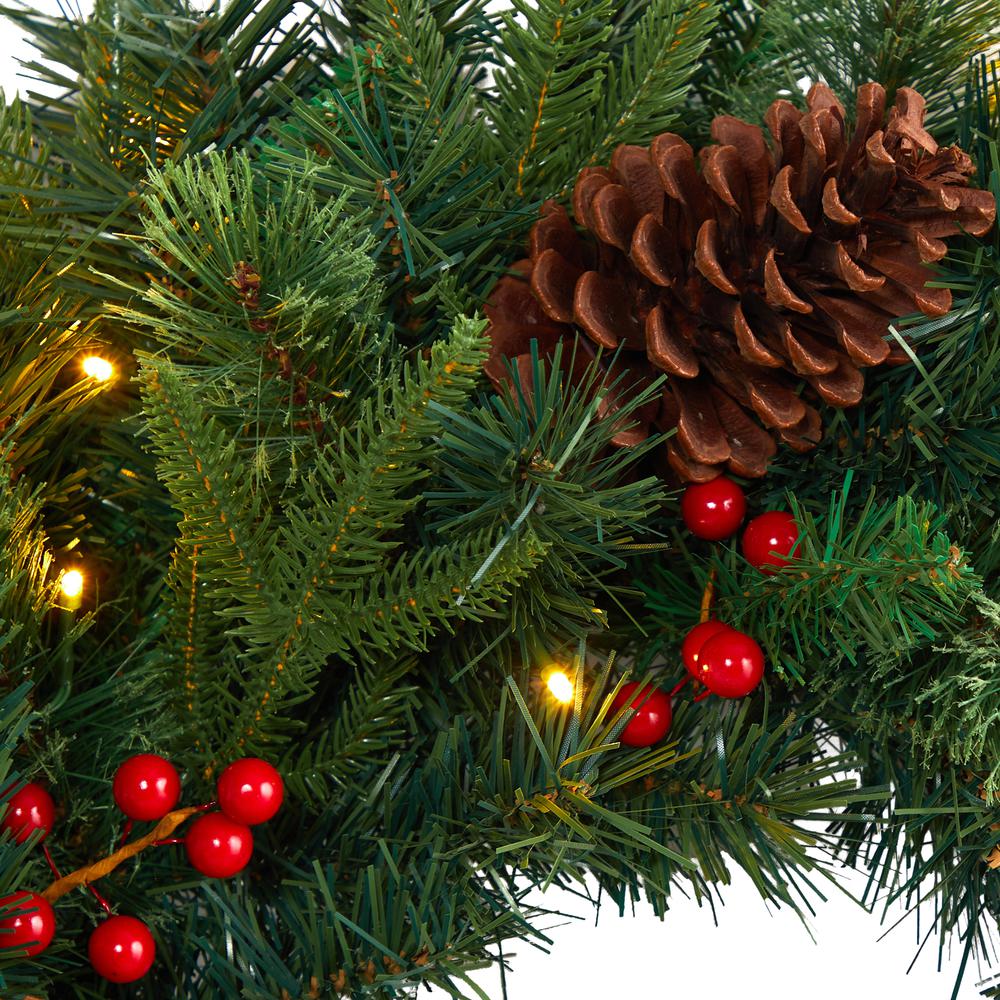 24in. Mixed Pine Artificial Christmas Wreath with 35 Clear LED Lights and Berries. Picture 3