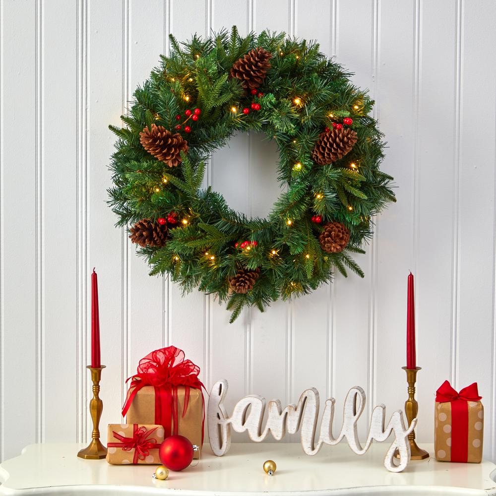 24in. Mixed Pine Artificial Christmas Wreath with 35 Clear LED Lights and Berries. Picture 5