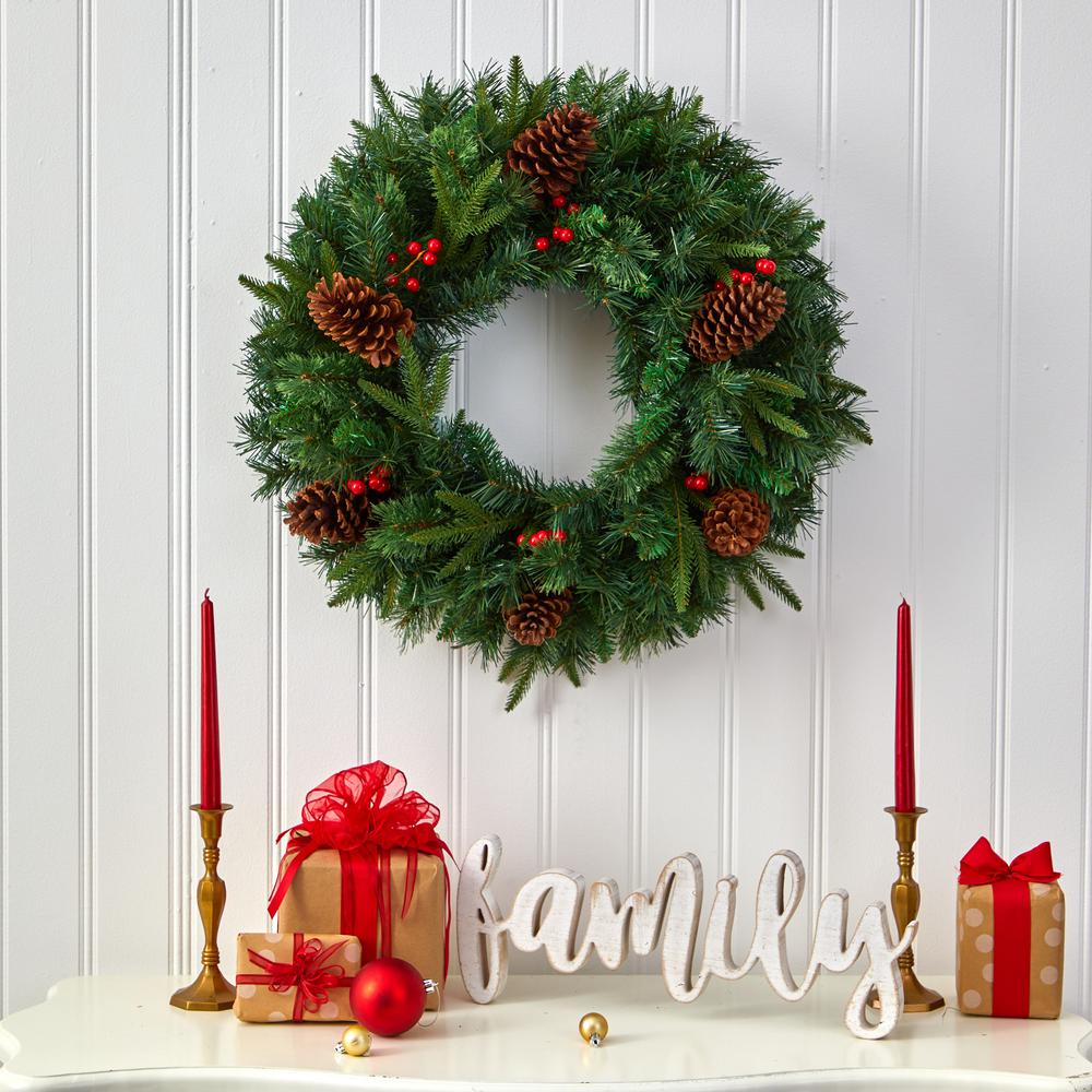24in. Mixed Pine Artificial Christmas Wreath with 35 Clear LED Lights and Berries. Picture 4