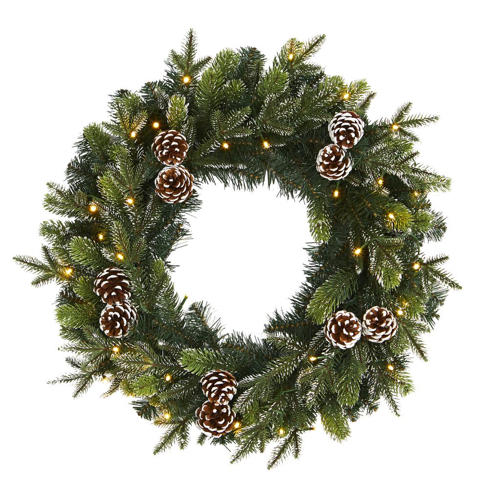 24in. Snowed Pinecone Artificial Christmas Wreath with 35 Clear LED Lights. Picture 4