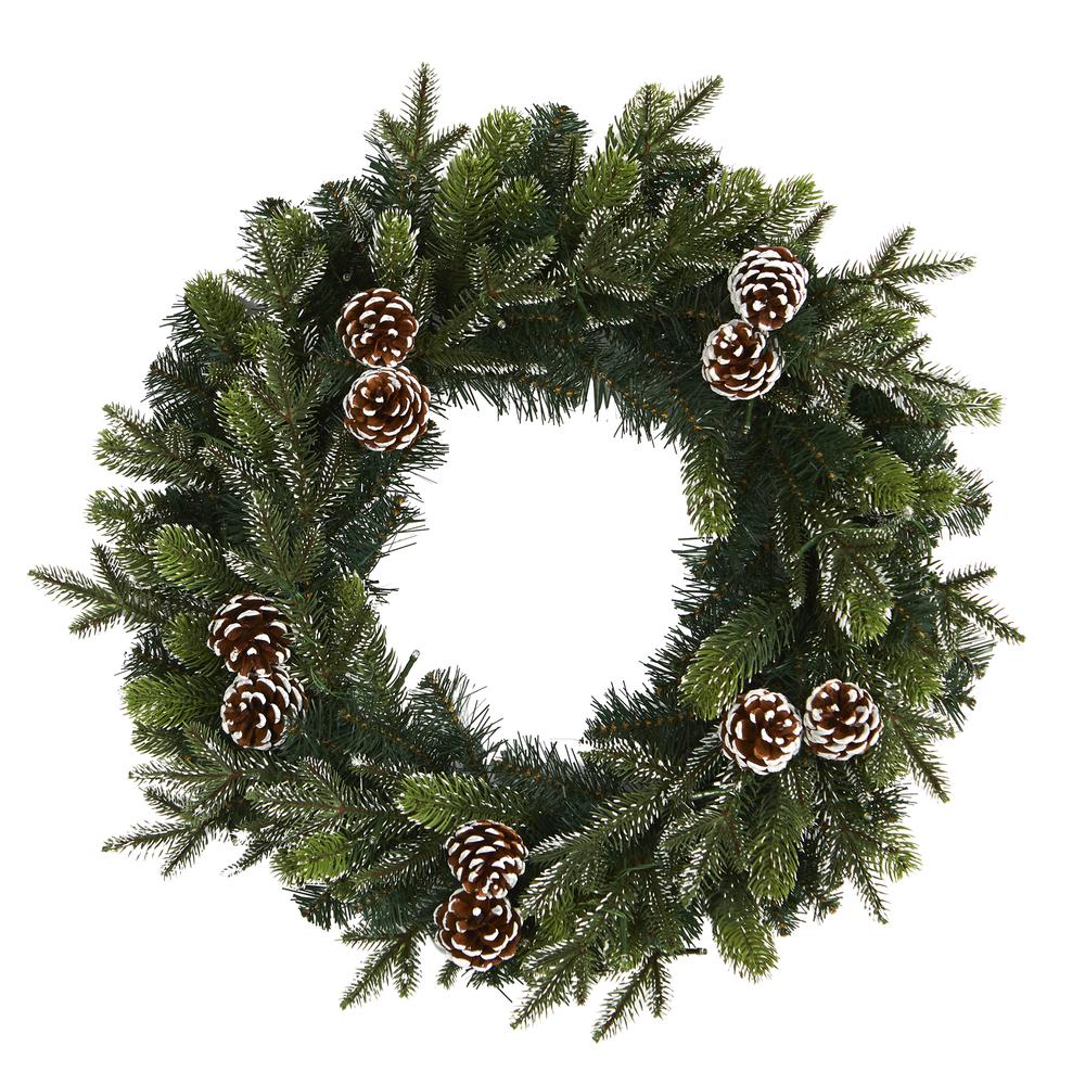 24in. Snowed Pinecone Artificial Christmas Wreath with 35 Clear LED Lights. Picture 2
