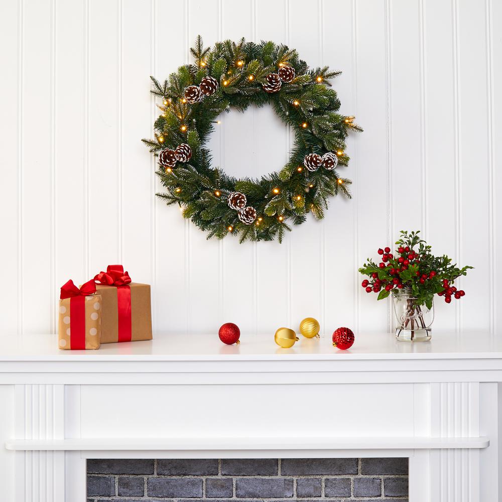 24in. Snowed Pinecone Artificial Christmas Wreath with 35 Clear LED Lights. Picture 5