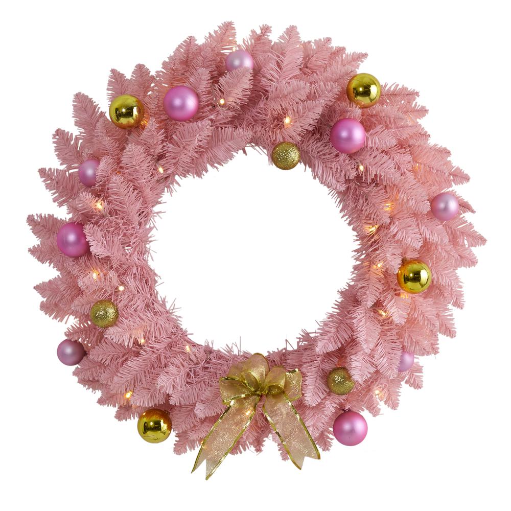 24in. Pink Artificial Christmas Wreath with 35 LED Lights and Ornaments. Picture 1