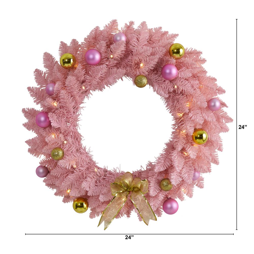 24in. Pink Artificial Christmas Wreath with 35 LED Lights and Ornaments. Picture 2