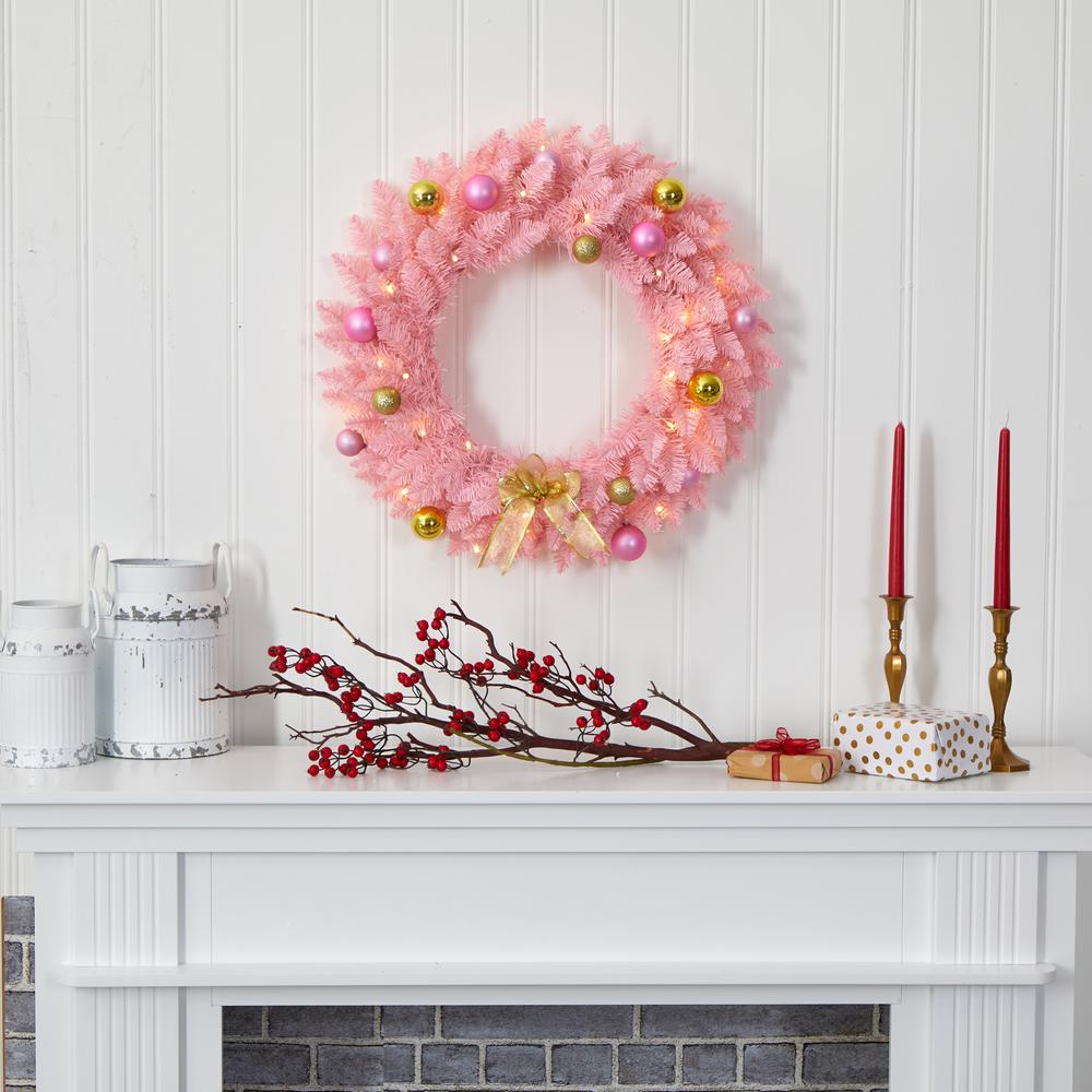24in. Pink Artificial Christmas Wreath with 35 LED Lights and Ornaments. Picture 5