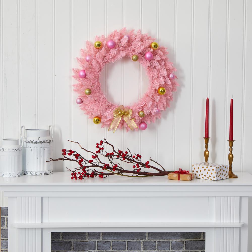 24in. Pink Artificial Christmas Wreath with 35 LED Lights and Ornaments. Picture 4