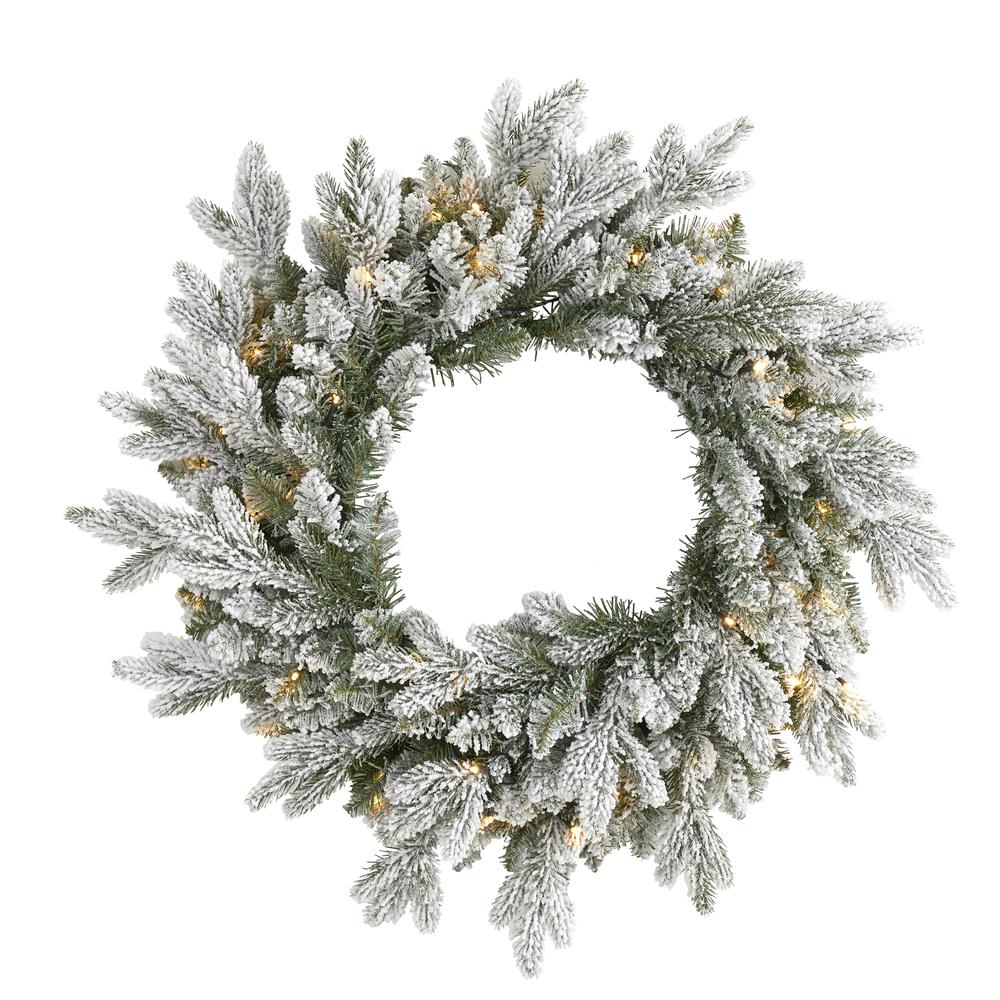 24in. Flocked Artificial Christmas Wreath with 50 LED Lights. Picture 5