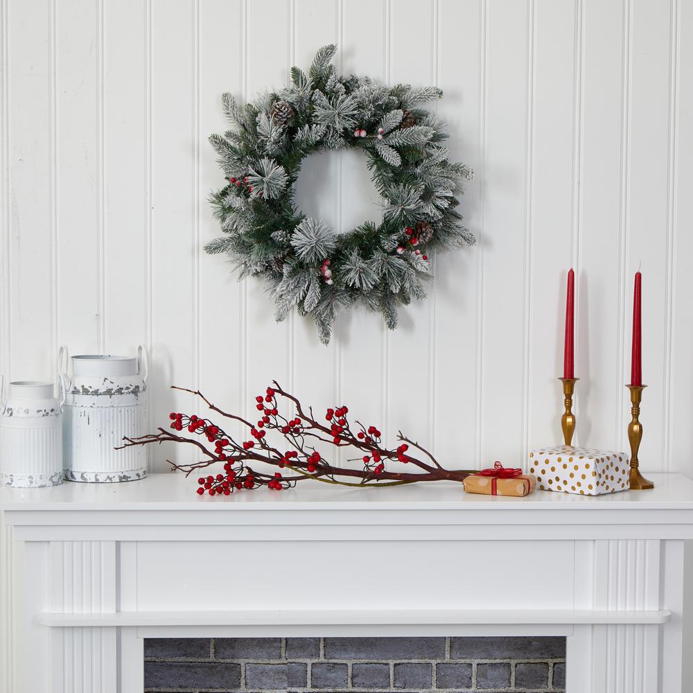 20in. Flocked Mixed Pine Artificial Christmas Wreath with 50 LED Lights, Pine Cones and Berries. Picture 4