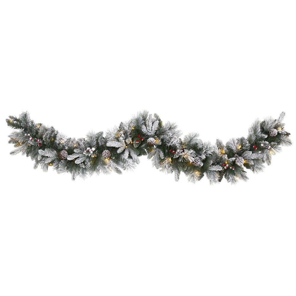 6ft. Flocked Mixed Pine Artificial Christmas Garland with 50 LED Lights, Pine Cones and Berries. Picture 5