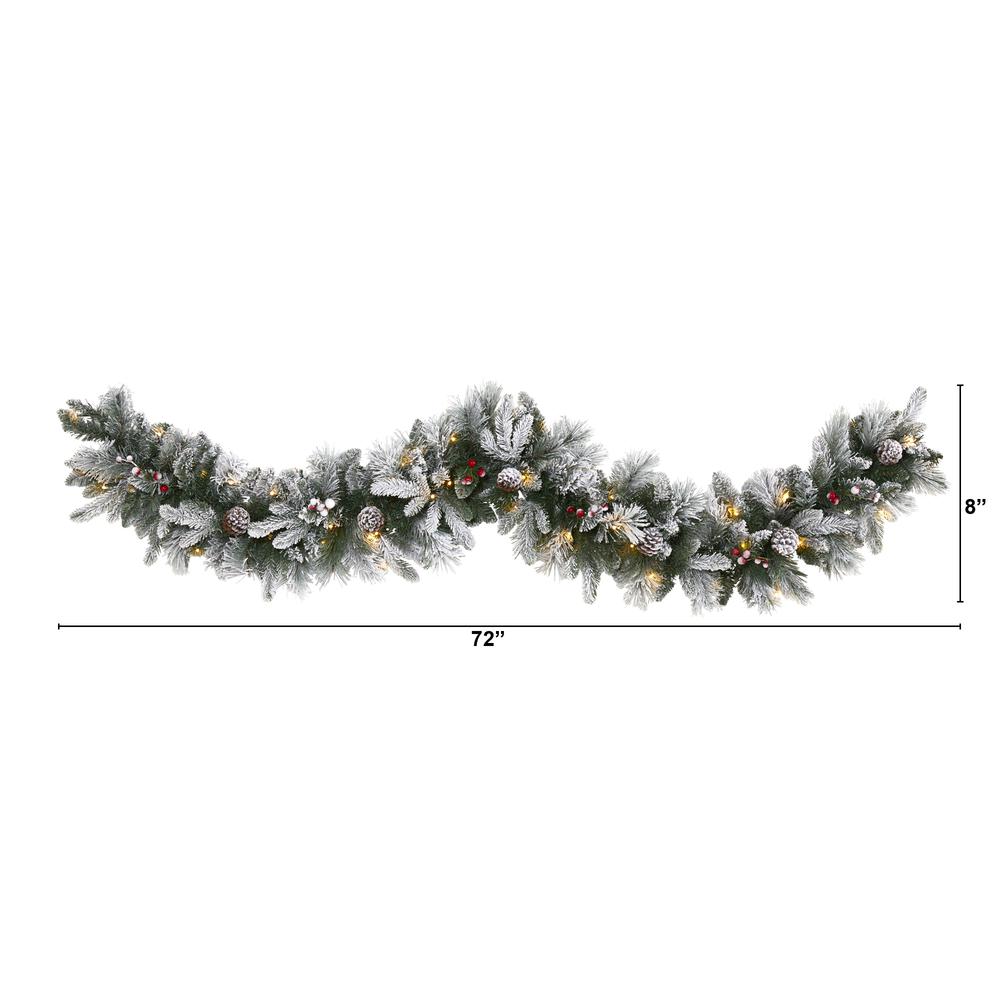 6ft. Flocked Mixed Pine Artificial Christmas Garland with 50 LED Lights, Pine Cones and Berries. Picture 1