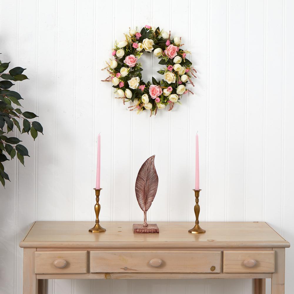 20in. White & Pink Rose Artificial Wreath. Picture 2