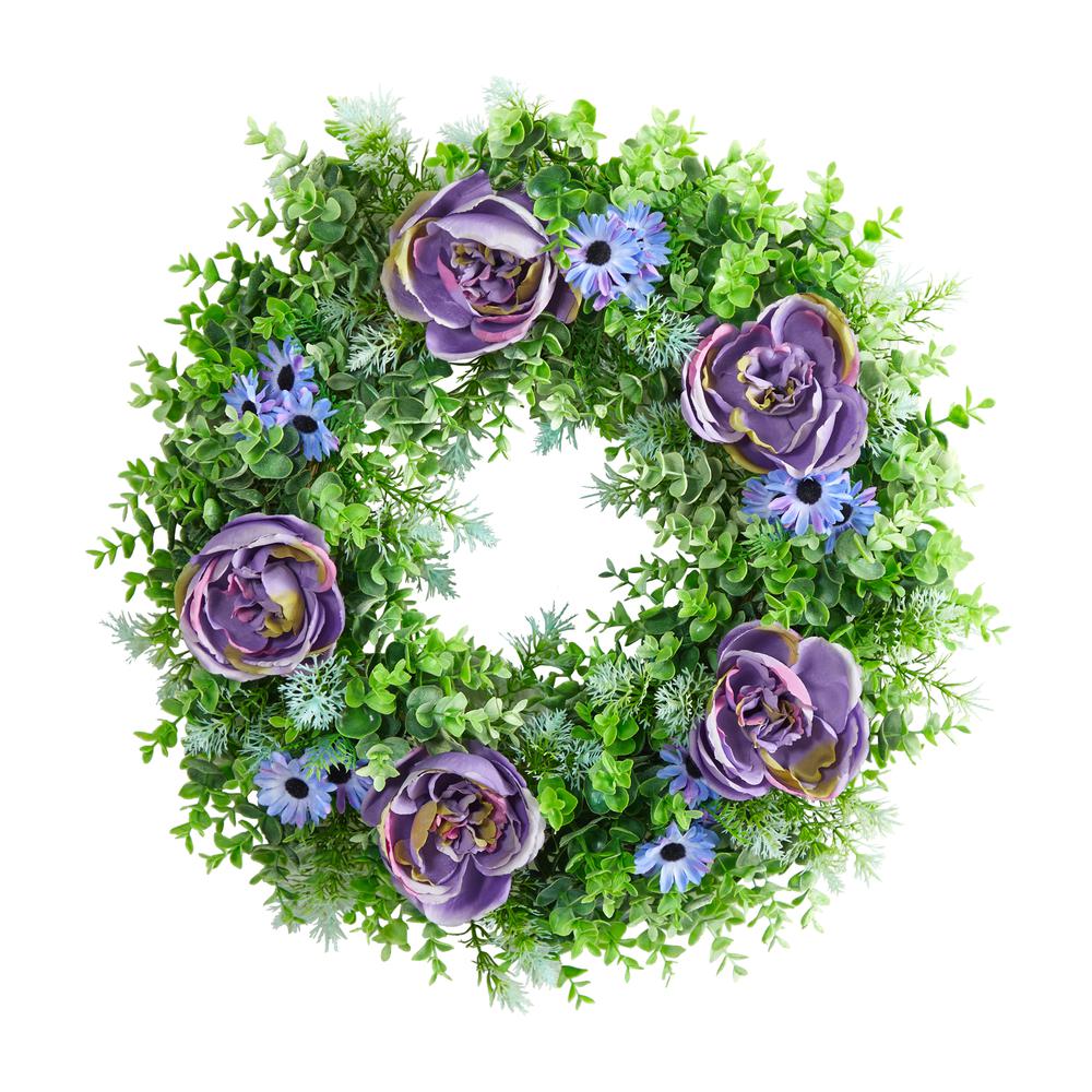 22in. Purple Rose, Blue Daisy and Greens Artificial Wreath. Picture 1