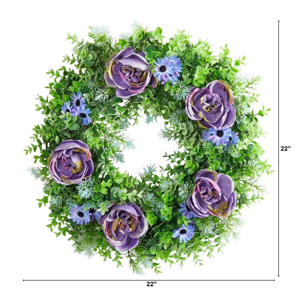 22in. Purple Rose, Blue Daisy and Greens Artificial Wreath. Picture 3