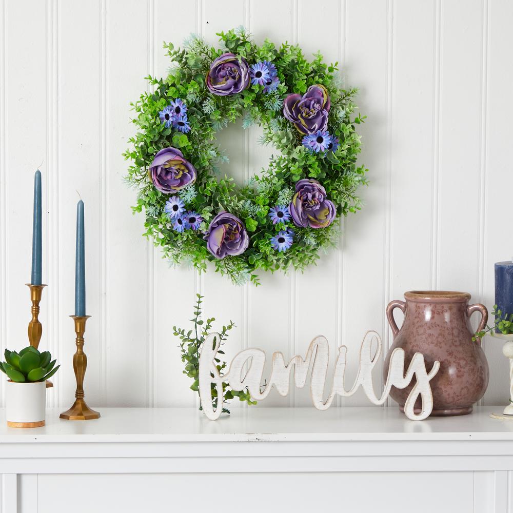 22in. Purple Rose, Blue Daisy and Greens Artificial Wreath. Picture 2