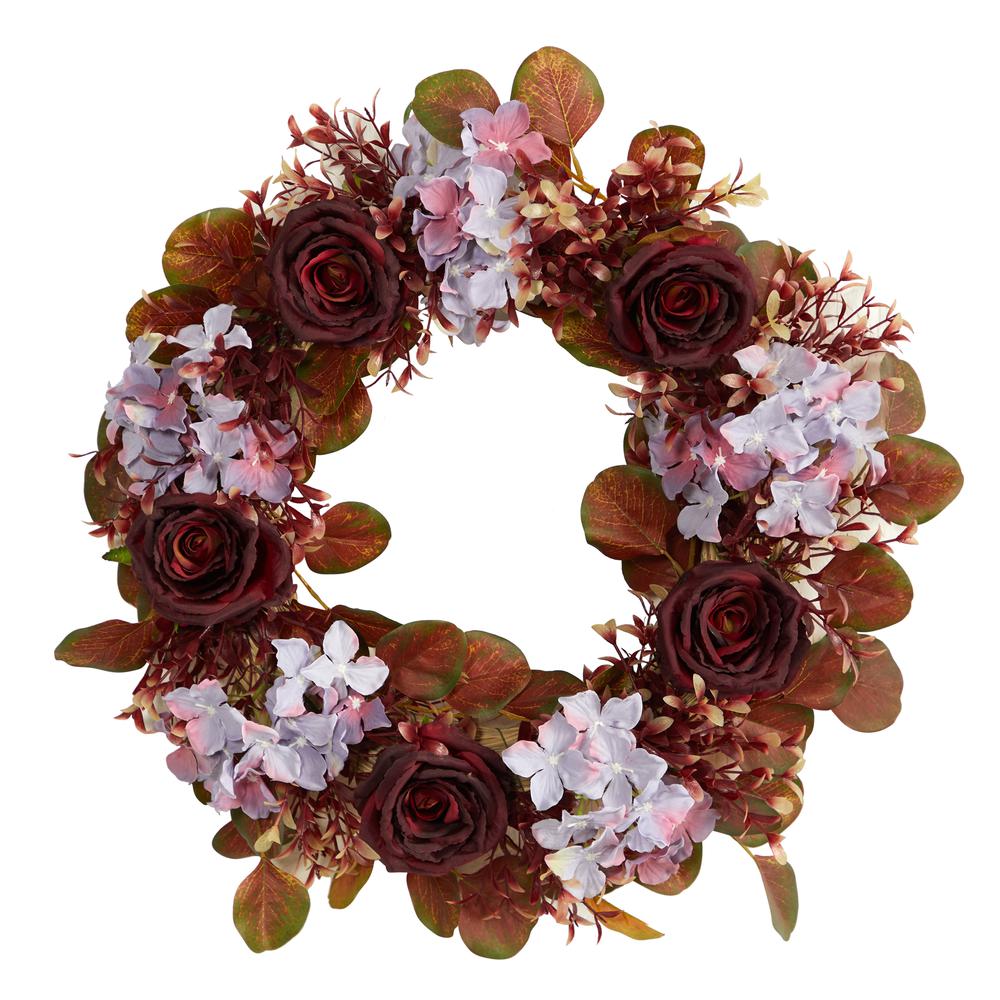 22in. Fall Hydrangea and Rose Autumn Artificial Wreath. Picture 1