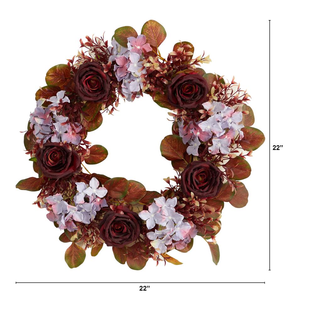 22in. Fall Hydrangea and Rose Autumn Artificial Wreath. Picture 2