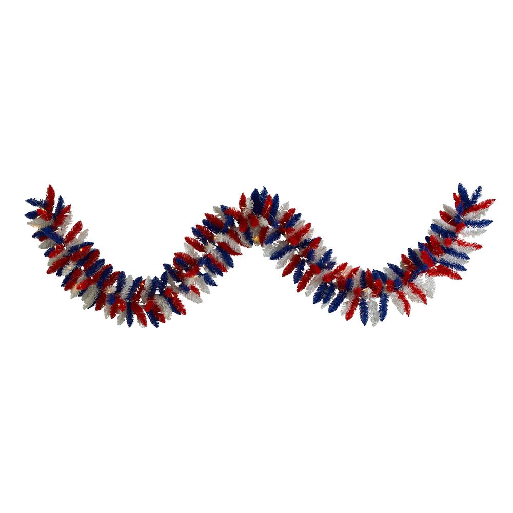 9ft. Patriotic American Flag Themed Artificial Garland with 50 Warm LED Lights. Picture 1