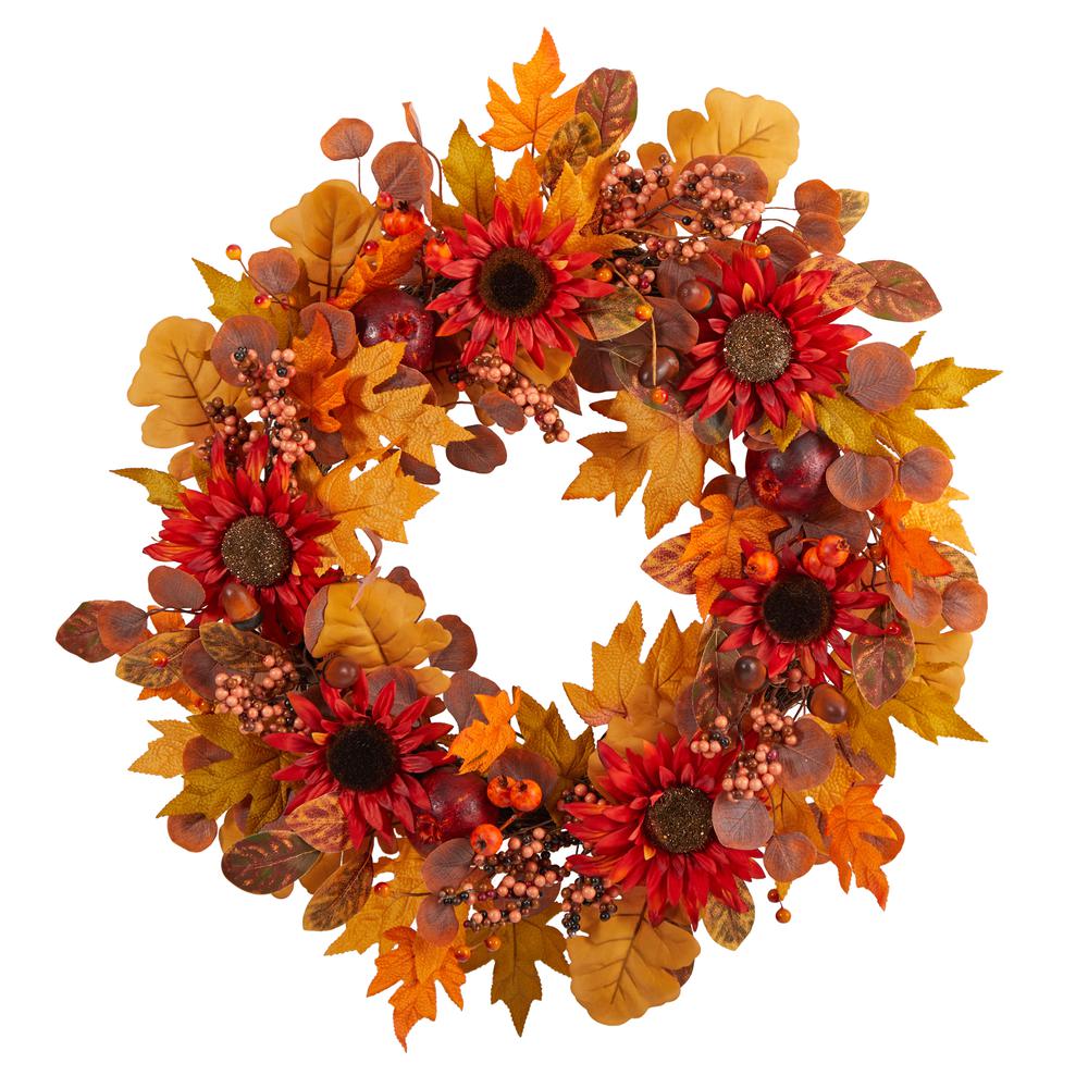 30in. Fall Acorn, Sunflower, Berries and Autumn Foliage Artificial Wreath. Picture 2