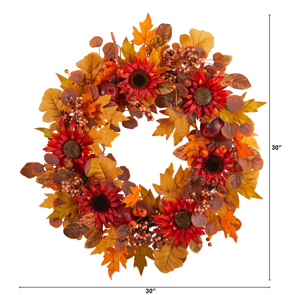 30in. Fall Acorn, Sunflower, Berries and Autumn Foliage Artificial Wreath. Picture 1