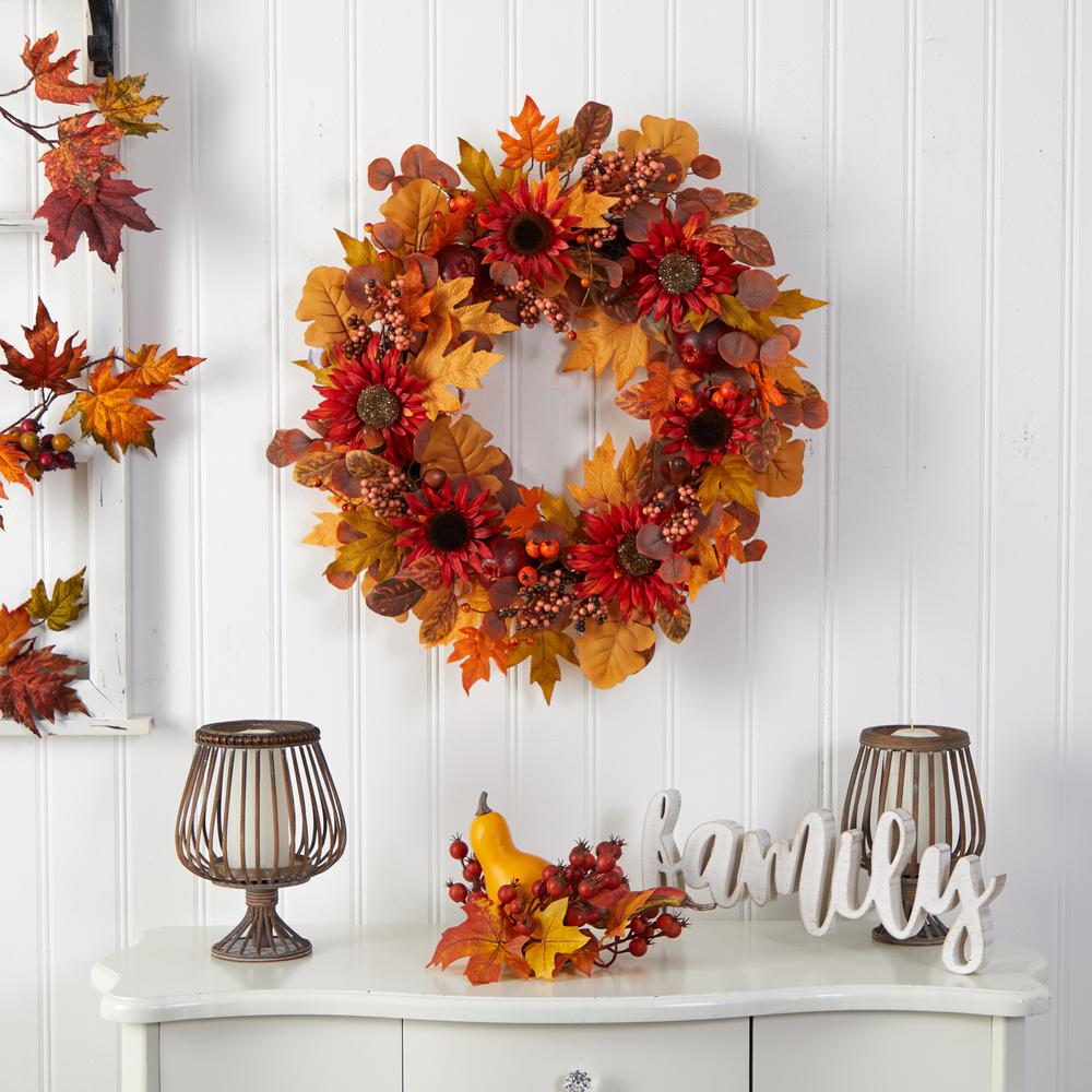 30in. Fall Acorn, Sunflower, Berries and Autumn Foliage Artificial Wreath. Picture 3