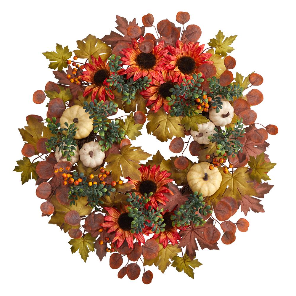 30in. Fall Acorn, Sunflower, Berries, Pumpkins and Autumn Foliage Artificial Wreath. Picture 4