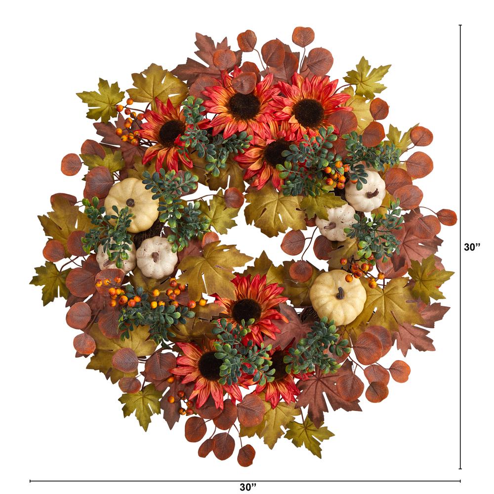 30in. Fall Acorn, Sunflower, Berries, Pumpkins and Autumn Foliage Artificial Wreath. Picture 1