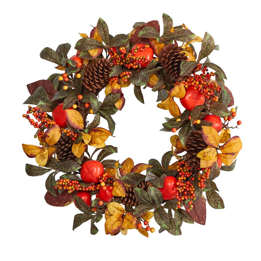 26in. Autumn Persimmon and Pinecones Artificial Fall Wreath. Picture 1