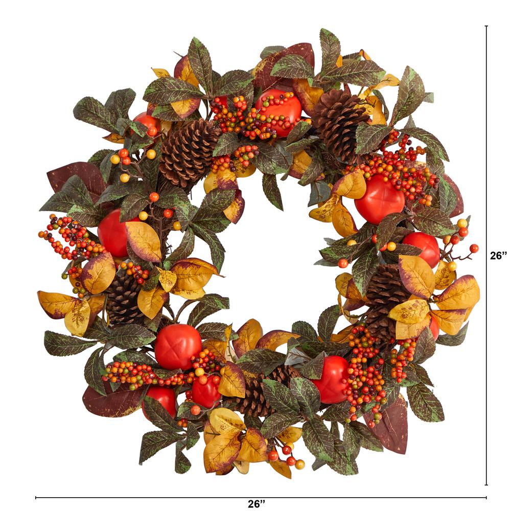 26in. Autumn Persimmon and Pinecones Artificial Fall Wreath. Picture 3