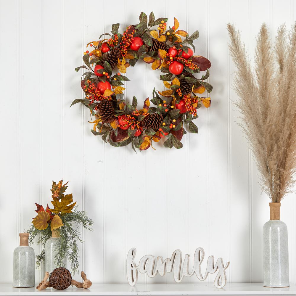 26in. Autumn Persimmon and Pinecones Artificial Fall Wreath. Picture 4
