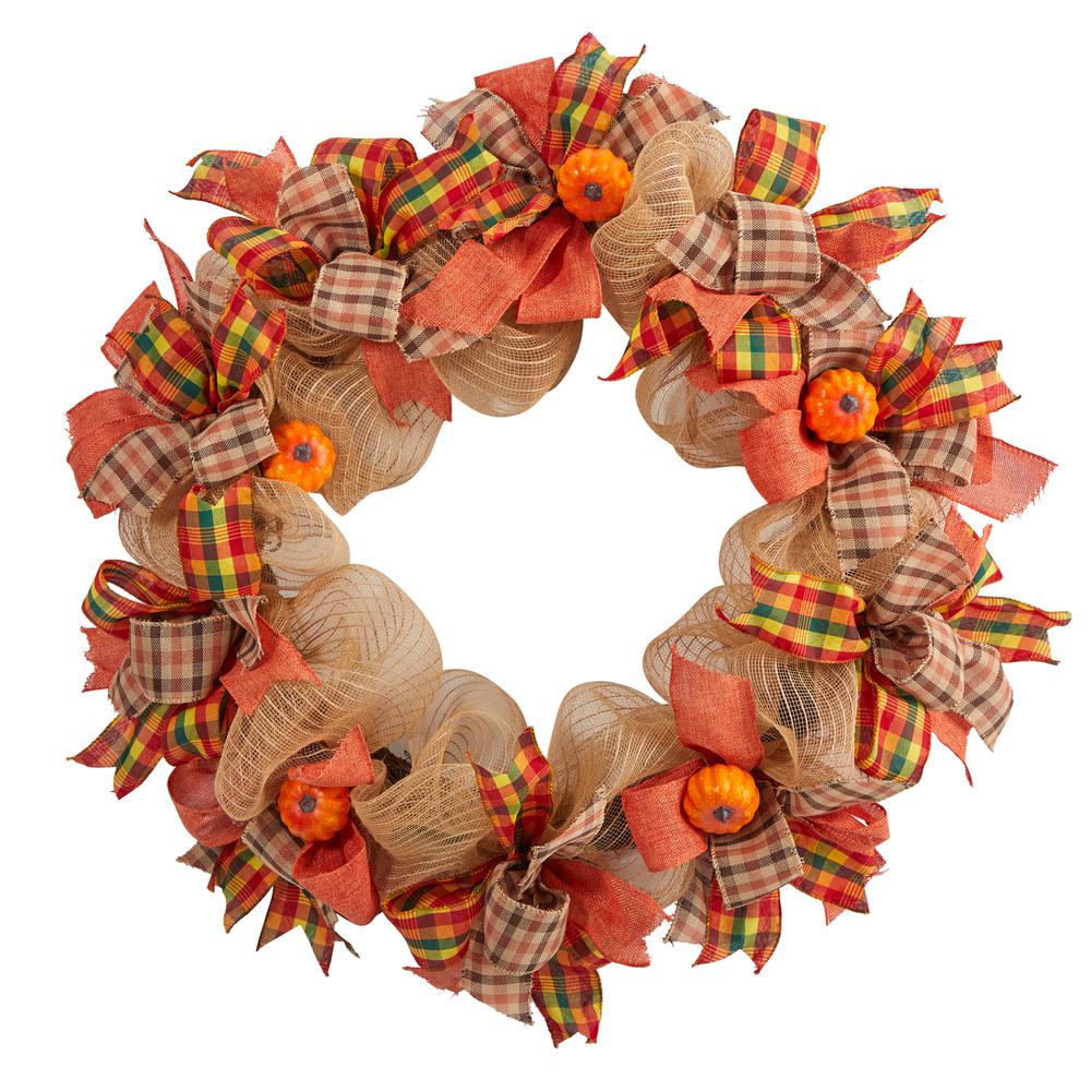 30in. Autumn Pumpkin with Decorative Bows Artificial Fall Wreath. Picture 3
