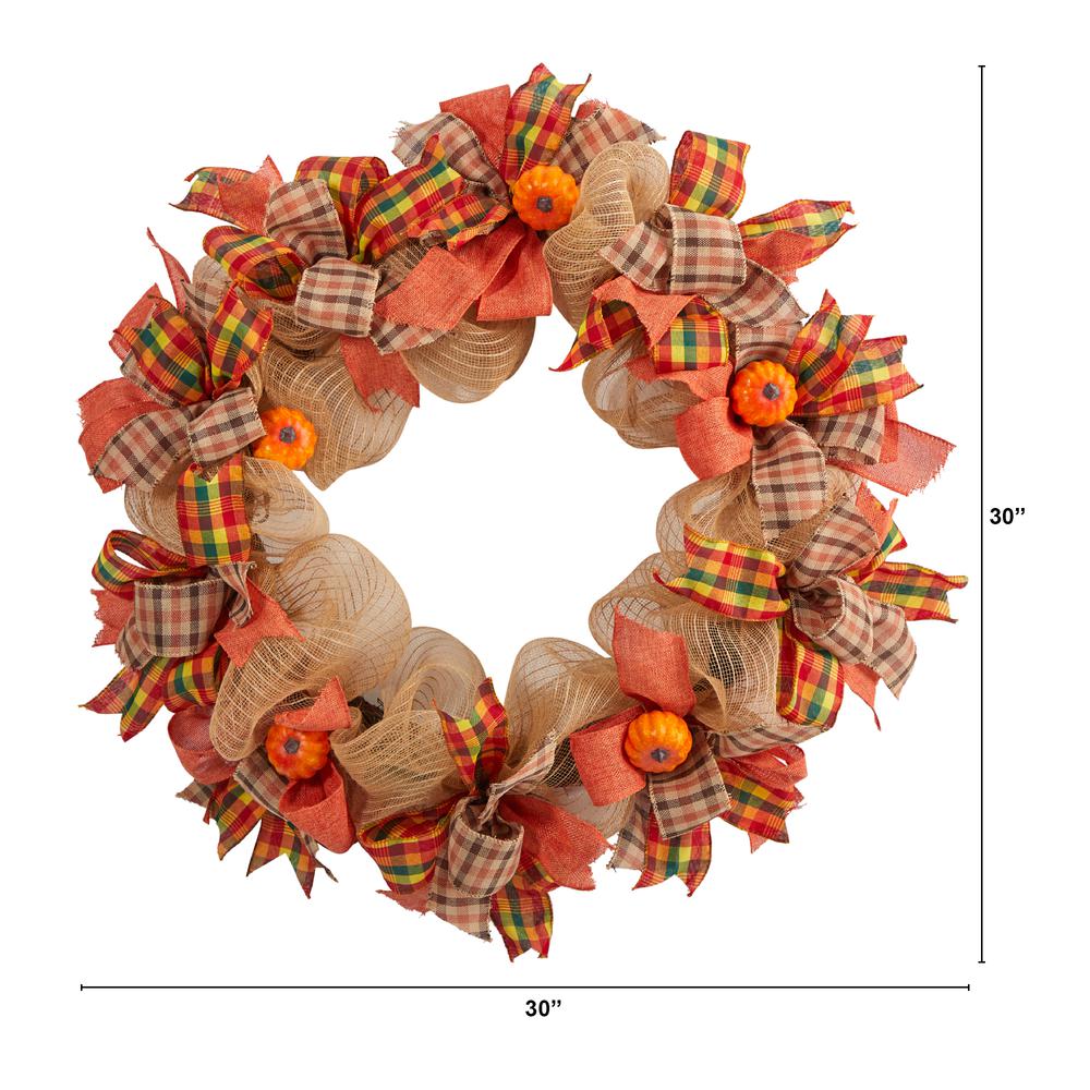 30in. Autumn Pumpkin with Decorative Bows Artificial Fall Wreath. Picture 1