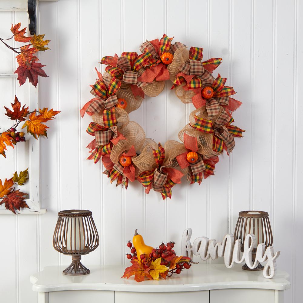 30in. Autumn Pumpkin with Decorative Bows Artificial Fall Wreath. Picture 2